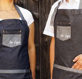 Strapazierfähige Jeans Latzschürze für die Gastronomie mit Logo oder Namen bedruckt